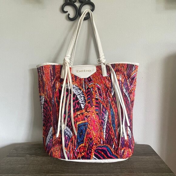 Bebe Women’s White Multicolored Peacock Design Large Beach Work School Tote Bag - Picture 1 of 9